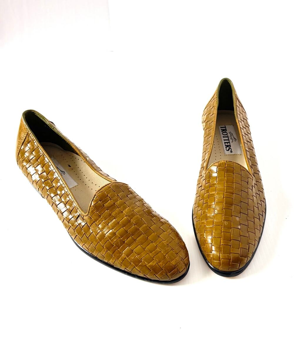 Trotters Flats Liz NARROW Woven Leather Shoes Size 8 Slim Tan Green Tone Comfort